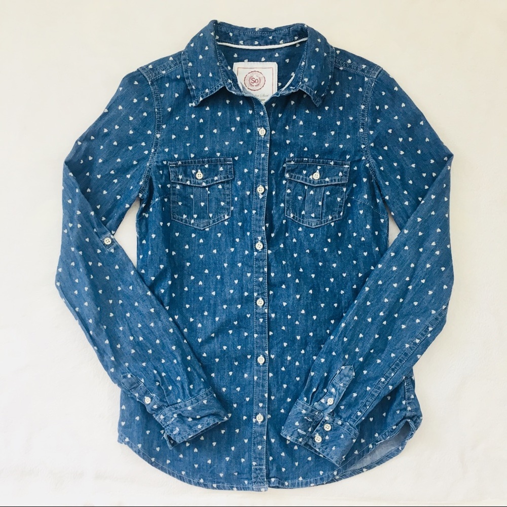 SALE $6! SO Heart Patterned Denim Button Down Long Sleeve Shirt